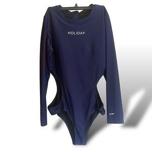 One Piece Cutout Waist Rash-guard Bodysuit Long Sleeve Women’s Large Navy Blue